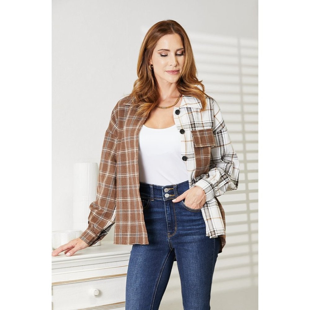 Plaid Contrast Button Up Shirt Jacket Long Sleeves Pockets Casual White Brown